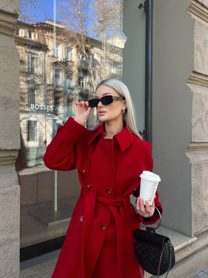 Women's classic red wool trench coat for winter in American style