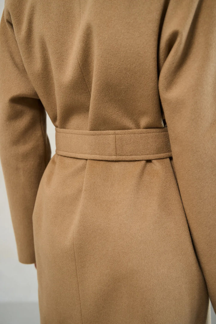 Warm camel cashmere coat with modern design in USA