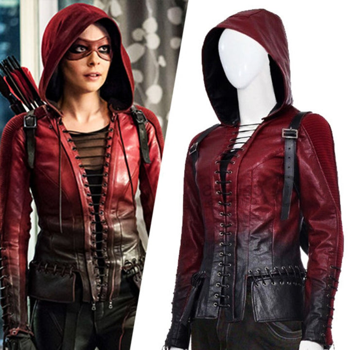 Front View Arrow Season 4 Thea Queen Cosplay Leather Jacket, Authentic Handcrafted Leather Costume, Unique Gift for Comic Enthusiasts,