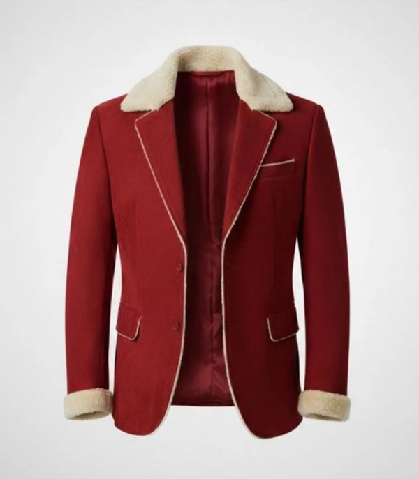 Men's Red Faux Shearling Blazer Jacket - Festive Holiday Outerwear