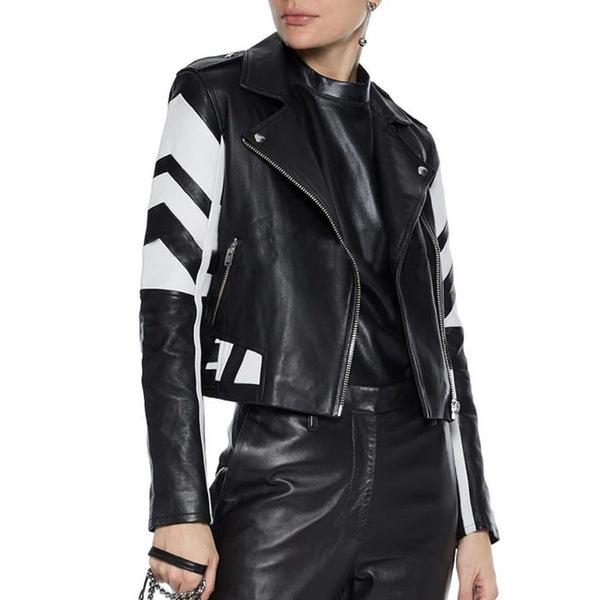 Womens Black Moto Style Genuine Leather Motorcycle Slim Fit Biker Jacket by tjs