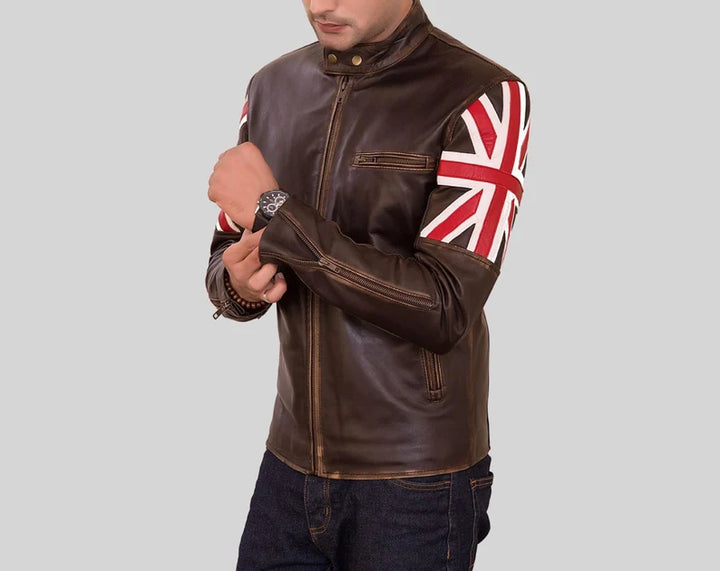 Stylish British leather jacket in an elegant brown hue in France style