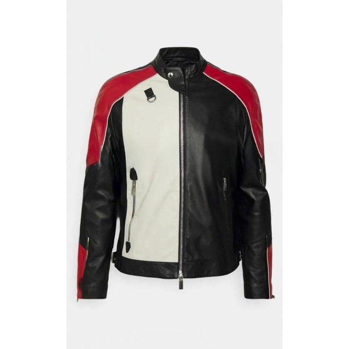 Men's Casual Tri-Color Leather Jacket for Motorcycling and Everyday Wear in United State Market