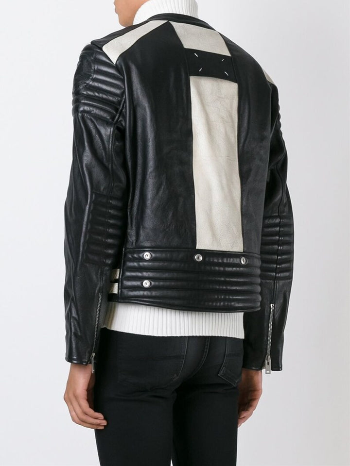 Trendy bi-colour biker leather jacket in USA