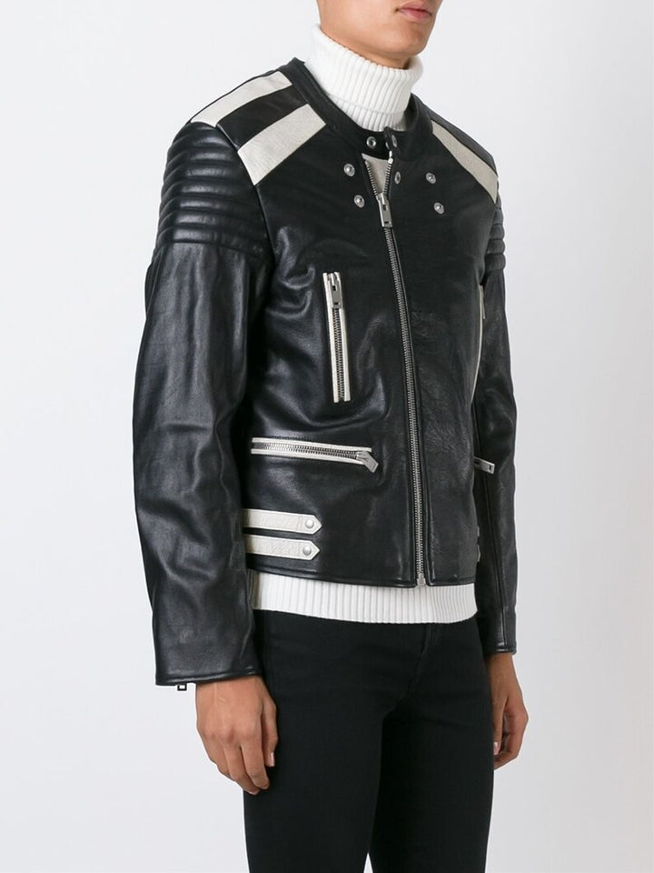 Men's bi-colour leather jacket for cool weather in USA