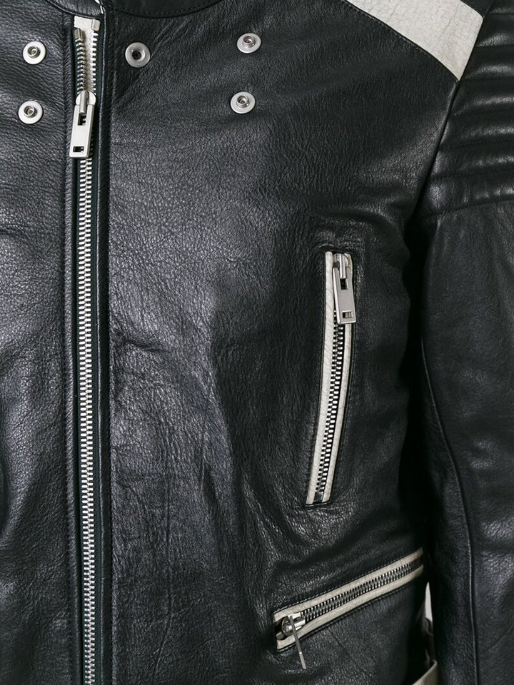 Stylish bi-colour leather jacket with biker design in France style