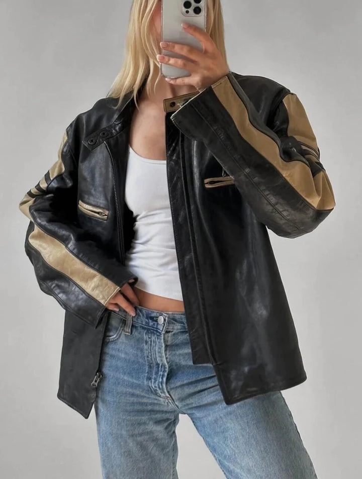 Women’s vintage oversized straight leather jacket, 90s style in USA