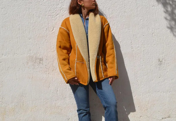 Vintage camel faux suede jacket with cream lining in USA