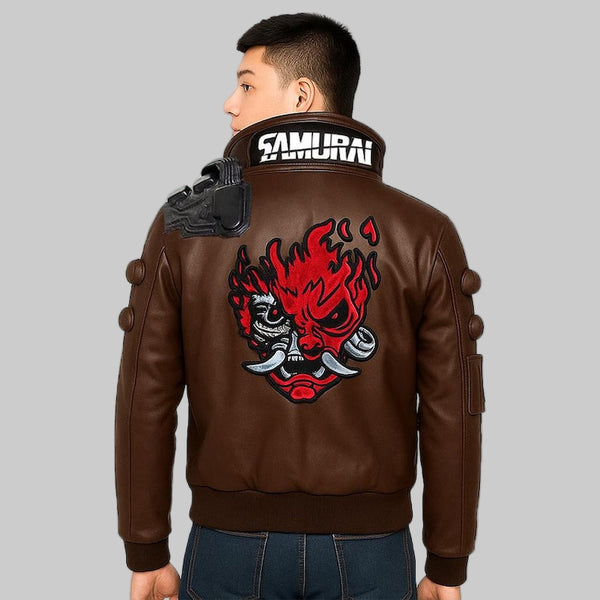 Cyberpunk V Jacket Samurai Brown Leather Bomber | Men's Gaming & Cosplay Costume | V Game Character Outerwear