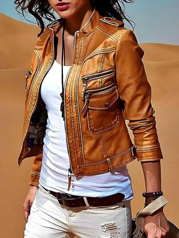 Front view of Women's Genuine Lambskin Leather Jacket in a rich tan color, showcasing multiple zippered pockets and stylish details.