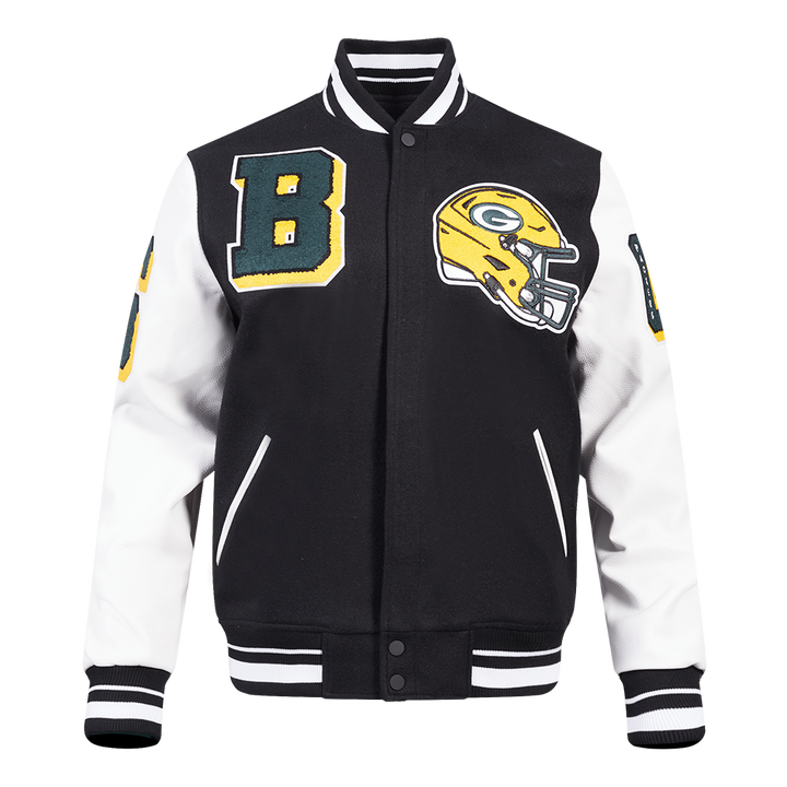 Front View of NFL Packers Varsity Jacket with Team Helmet and XLV Patch