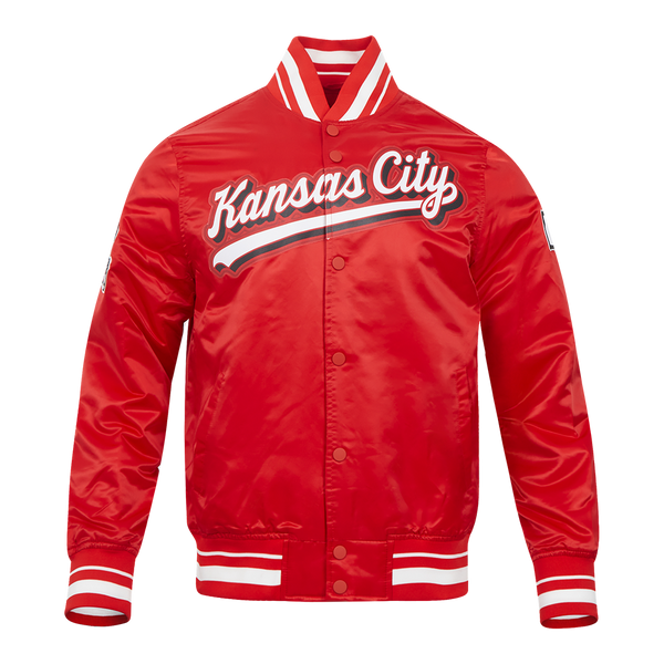 Kansas City varsity-style red jacket front view.
