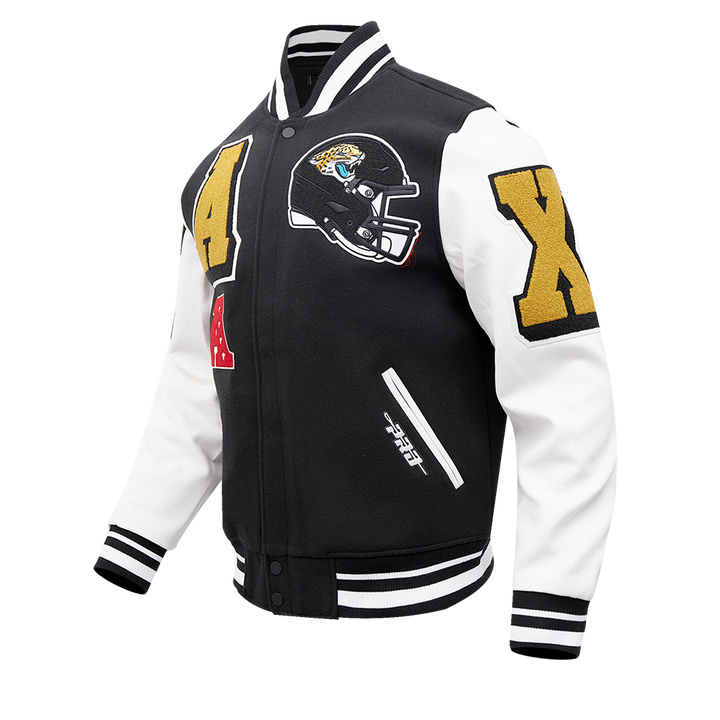 Side view of the Jacksonville Jaguars varsity jacket featuring team patches.