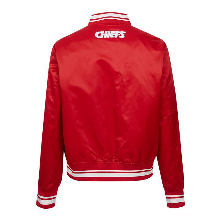  Back view of Kansas City Chiefs satin jacket with CHIEFS logo on the upper back.