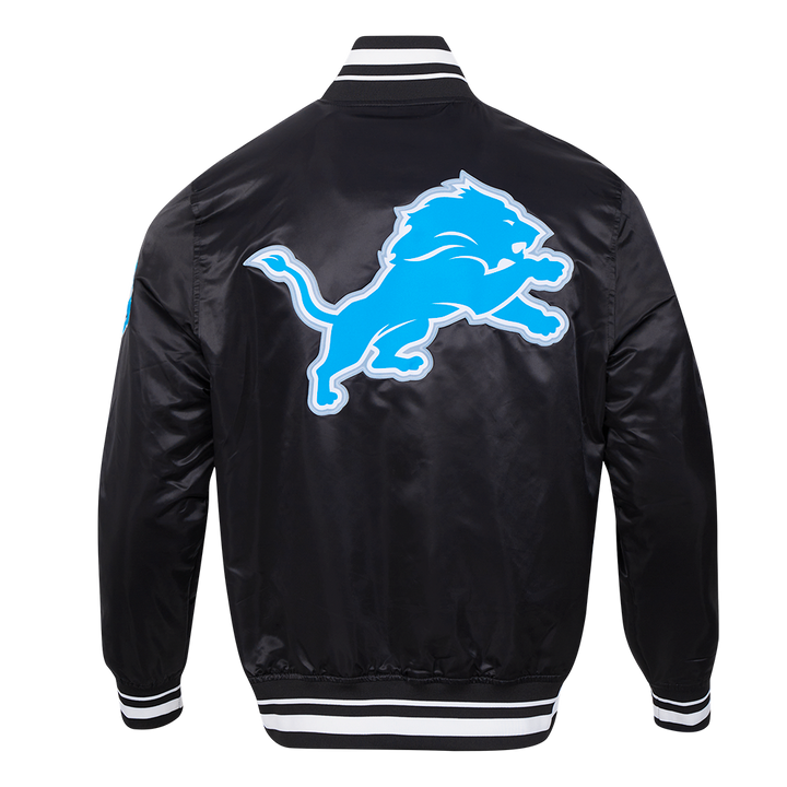 Back View of Black Satin NFL Detroit Lions Jacket with Blue Team Logo