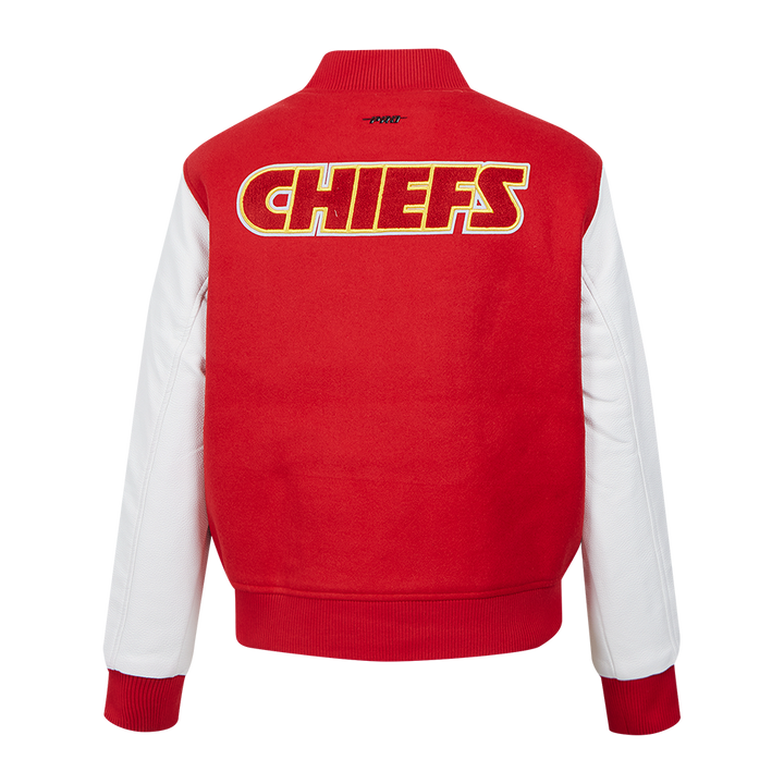 Back view of Chiefs varsity jacket featuring bold 'CHIEFS' text and team logo