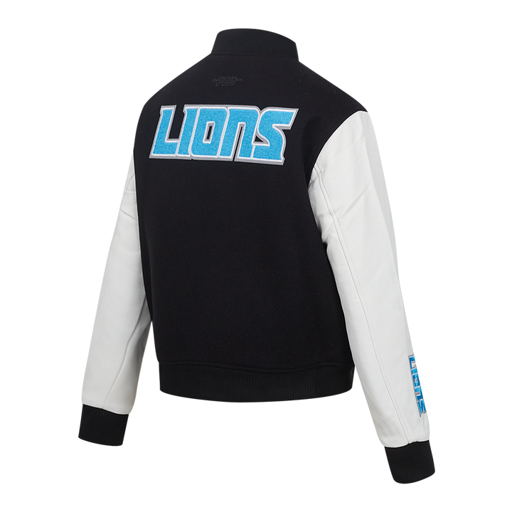 Close-Up of Detroit Lions Embroidered Logo on Wool Varsity Jacket