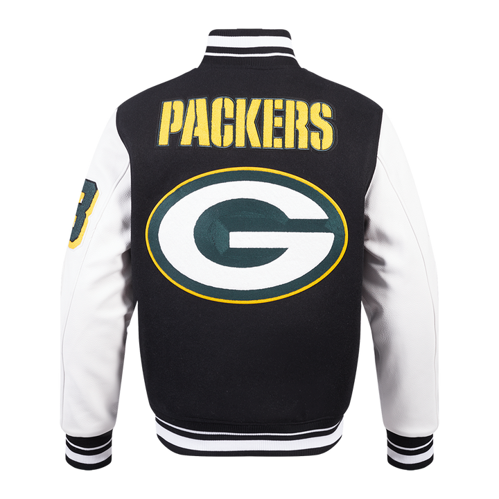 NFL Packers Varsity Jacket Back View Showcasing Embroidered Packers Logo