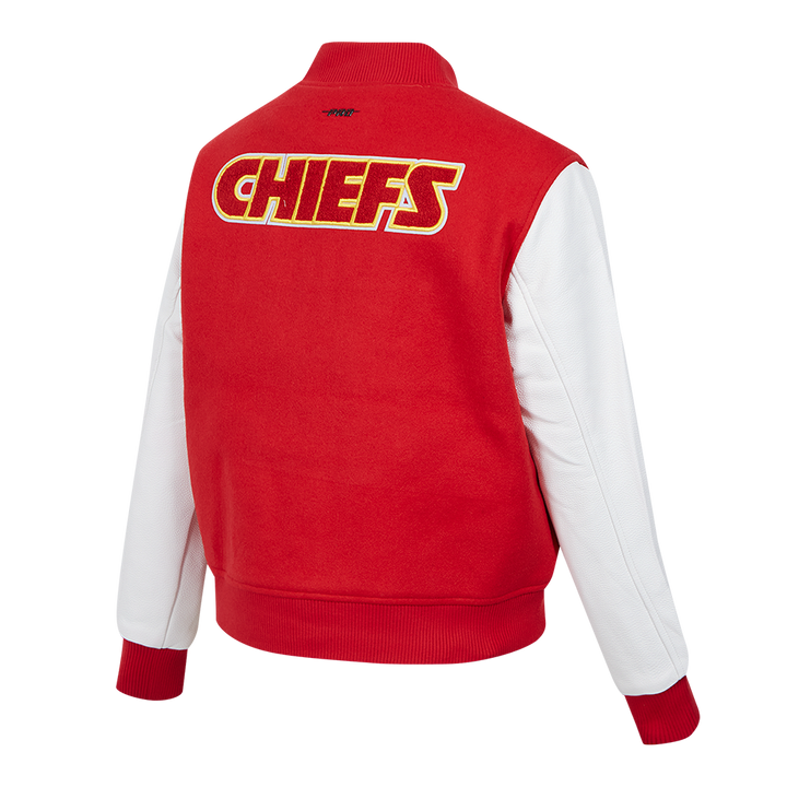 Back view of Chiefs varsity jacket featuring bold 'CHIEFS' text and team logo