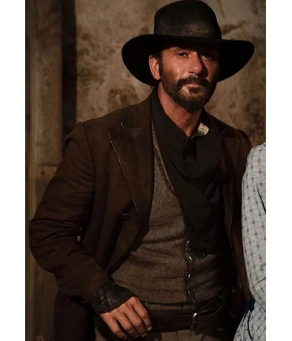 Tim McGraw cowboy brown wool coat 1883 collection in USA