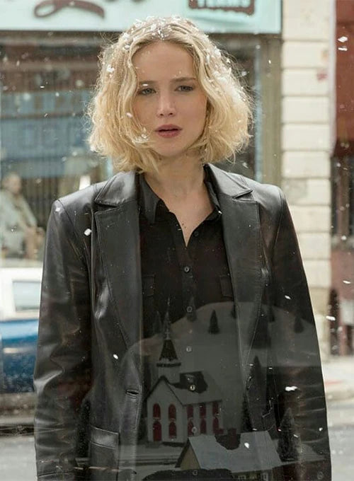 Stylish leather blazer worn by Jennifer Lawrence in Joy in American style