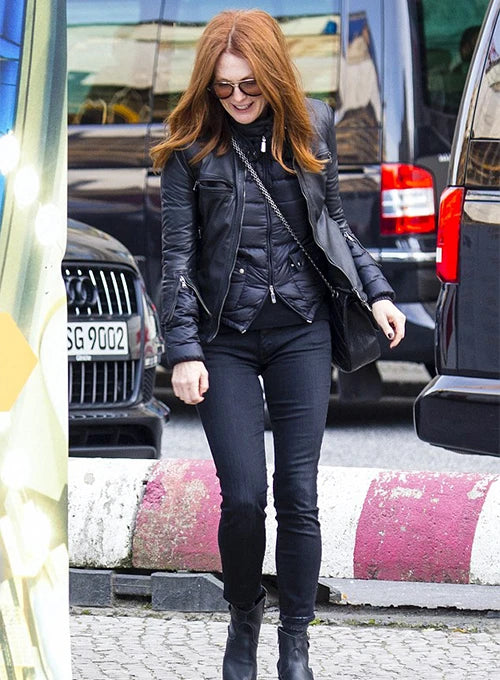 Chic Leather Jacket Look on Julianne Moore in France style