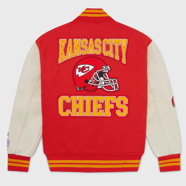Chiefs varsity jacket with leather sleeves and wool body

