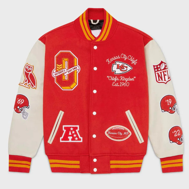 Kansas City Chiefs red and white varsity jacket

