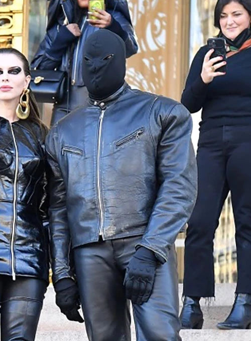 Kanye West wearing black leather jacket in USA