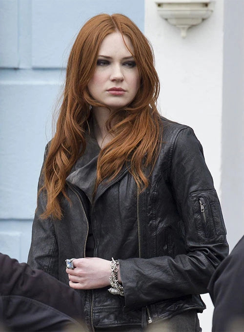 Celebrity Fashion: Karen Gillan's Striking Leather Jacket in France style