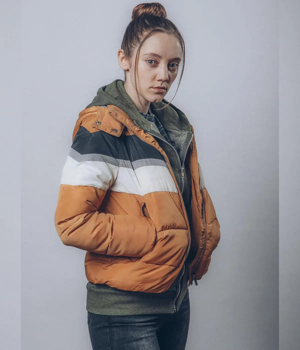 Hooded puffer jacket inspired by Mirren Mack in The Nest in USA