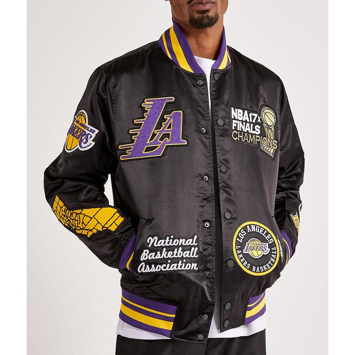 LA Lakers 17X Champions Black Varsity Satin Jacket Front View 