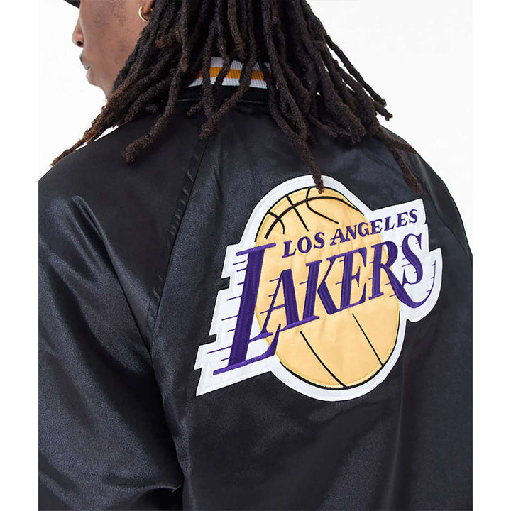 LA Lakers Applique Black Bomber Satin Jacket Back View