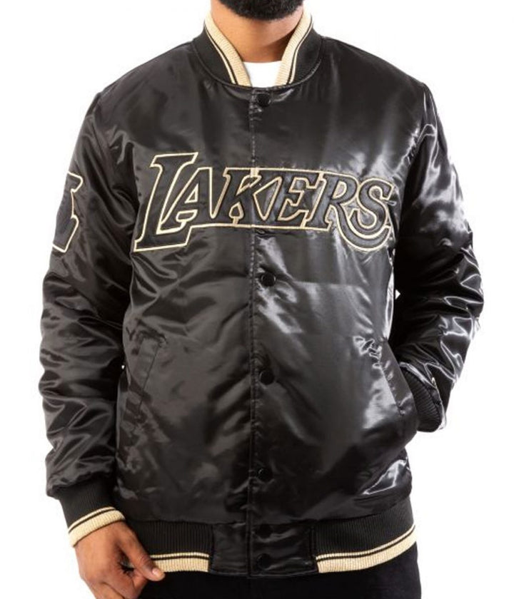 LA Lakers Black/Gold Satin Bomber Jacket Front View