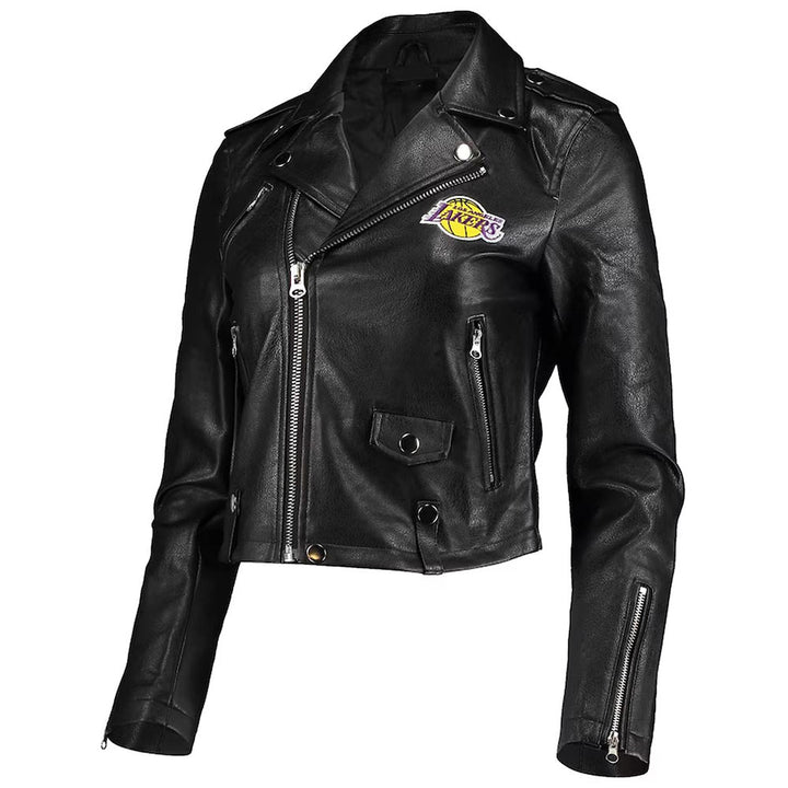 LA Lakers Black Moto Leather Jacket Front View