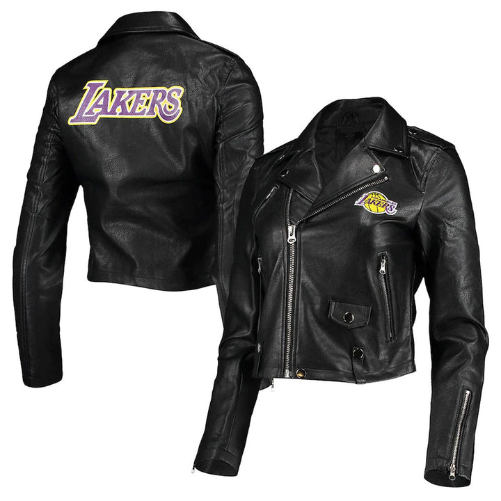 LA Lakers Black Moto Leather Jacket Front & Back View