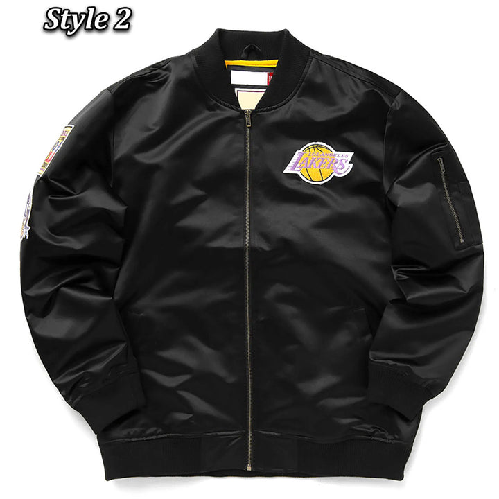 LA Lakers Bomber Black Lightweight Satin Jacket Front view Style Two