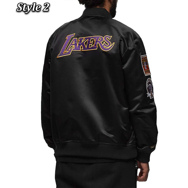 LA Lakers Bomber Black Lightweight Satin Jacket Back view Style Two