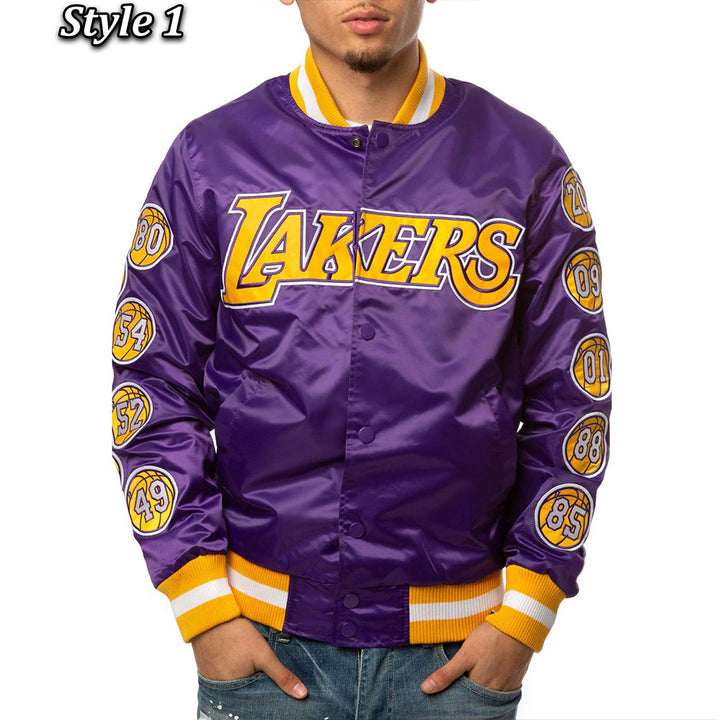 LA Lakers Champs 17 Patches Satin Jacket Style One Front View 