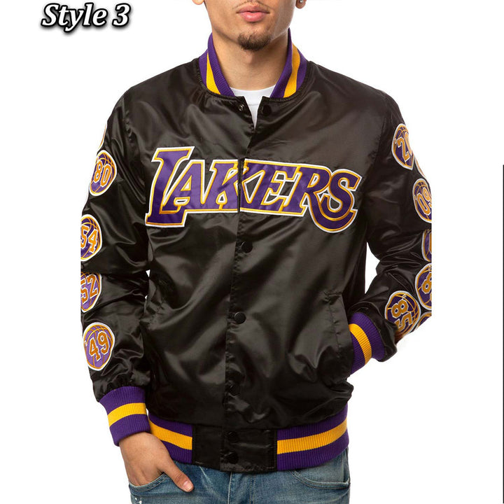 LA Lakers Champs 17 Patches Satin Jacket Style Three Front View 