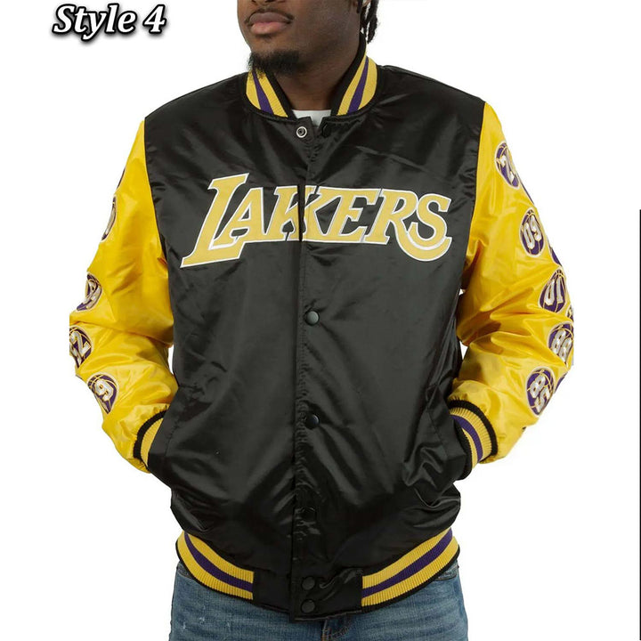 LA Lakers Champs 17 Patches Satin Jacket Style Four Front View 