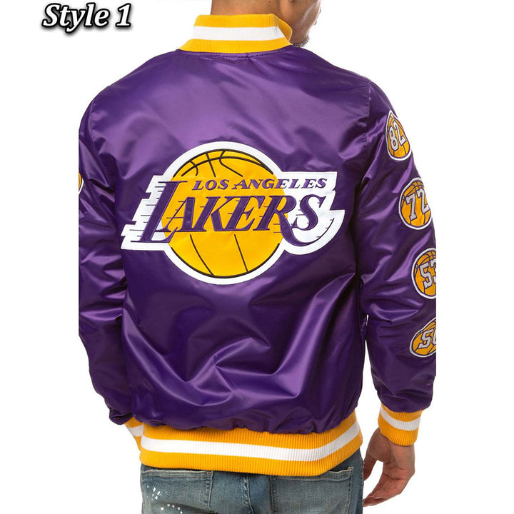 LA Lakers Champs 17 Patches Satin Jacket Style One Back View 