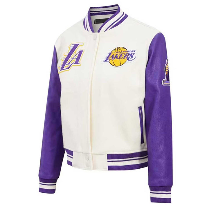 LA Lakers Cream Retro Classic Varsity Jacket Front View 