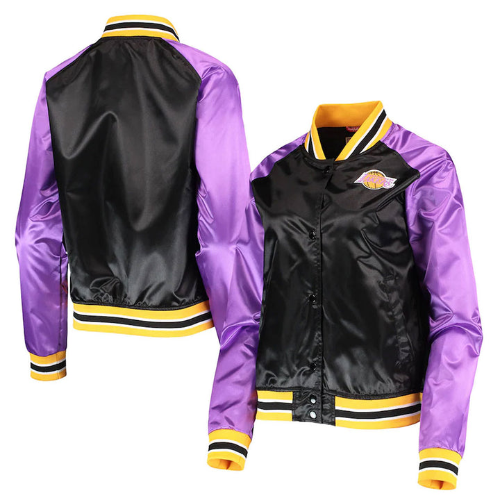 LA Lakers Hardwood Classics Raglan Satin Jacket Front & Back View 