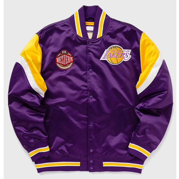LA Lakers Heavyweight Purple Satin Jacket Front View 