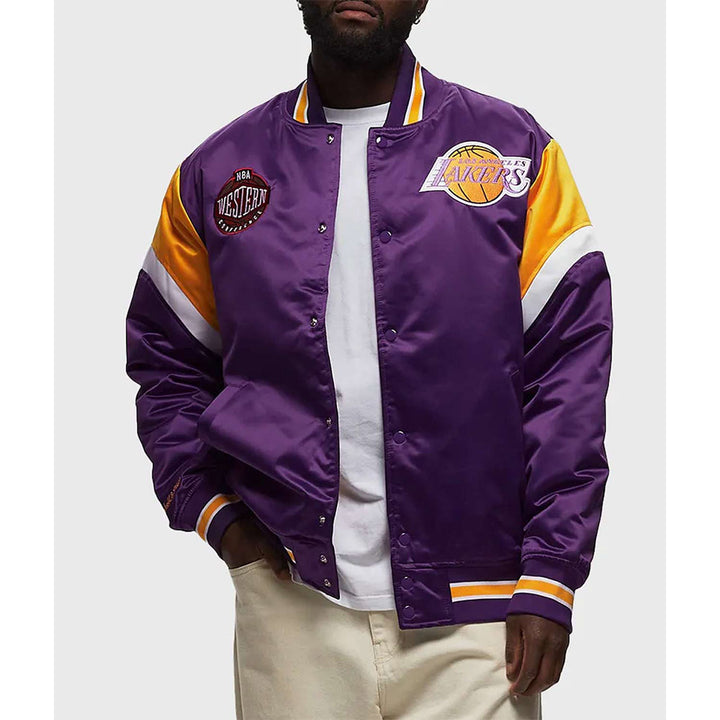 LA Lakers Heavyweight Purple Satin Jacket Front View 