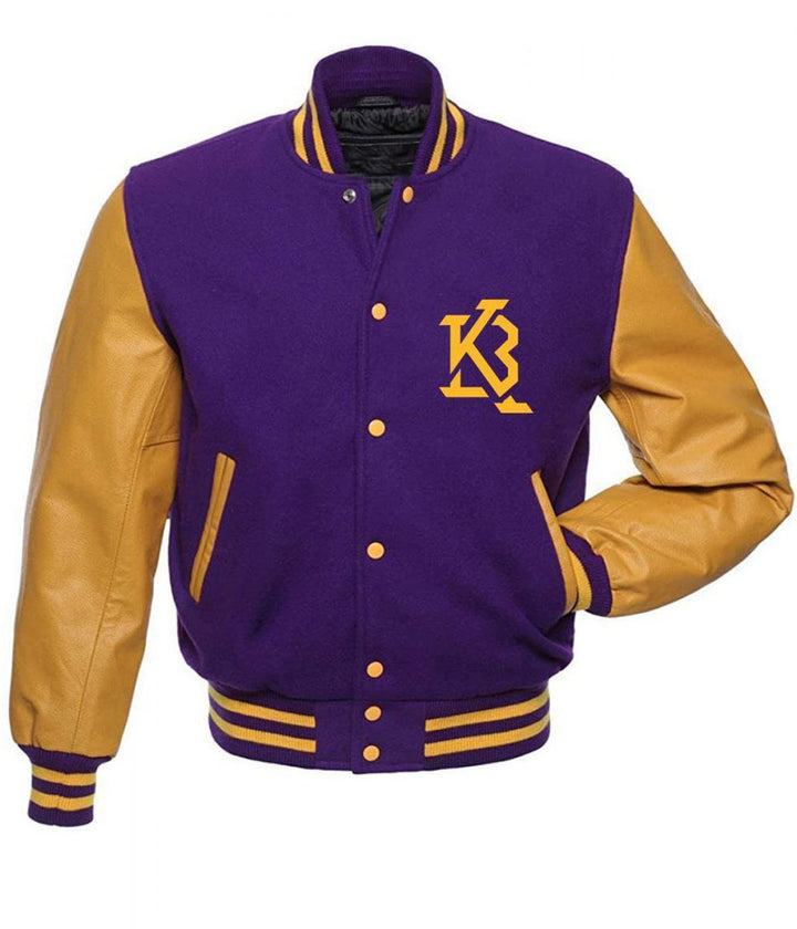LA Lakers KB 24 Angel Purple and Yellow Varsity Jacket Front View 