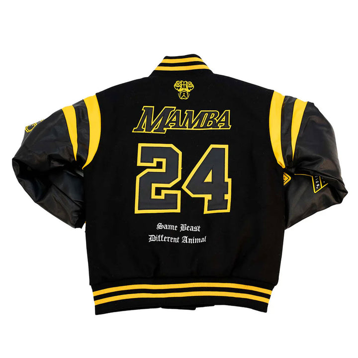 LA Lakers Kobe Bryant Collage Legends Black Varsity Jacket Back View 