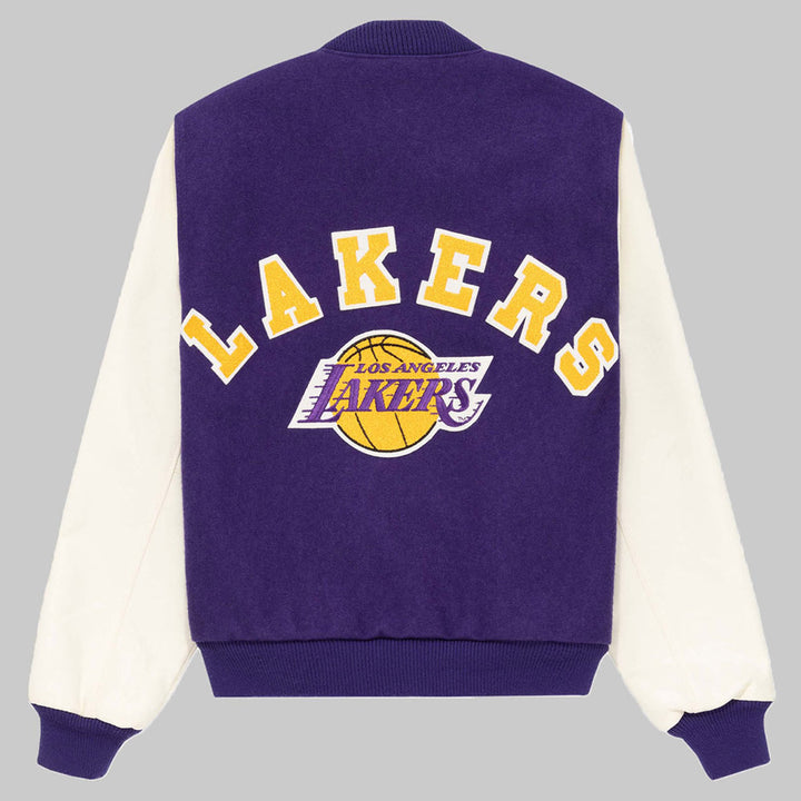 LA Lakers Purple and White Vintage Varsity Jacket Back View