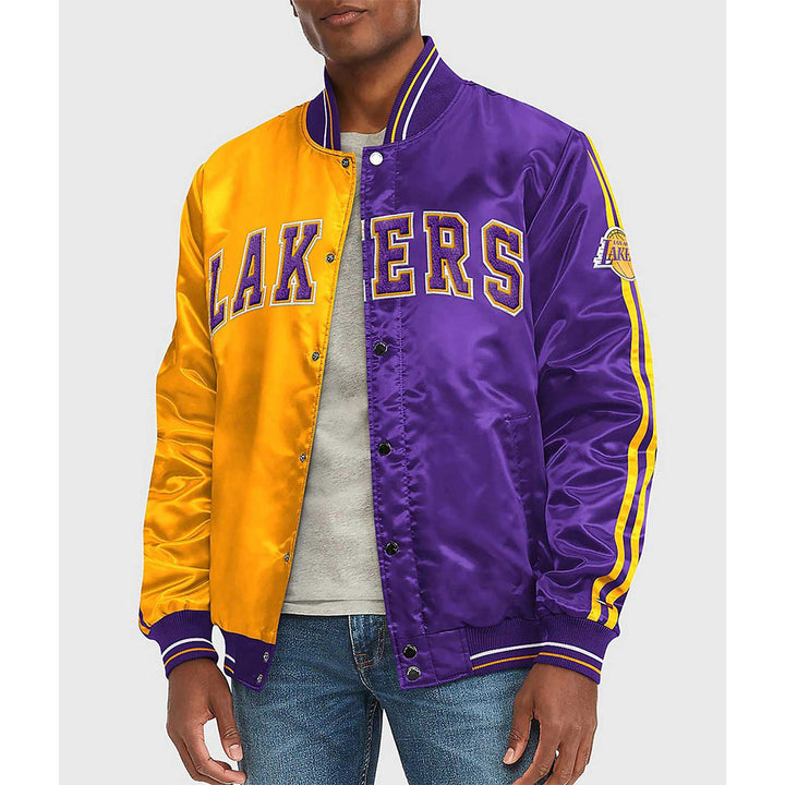 LA Lakers Purple and Yellow Varsity Satin Jacket Front View
